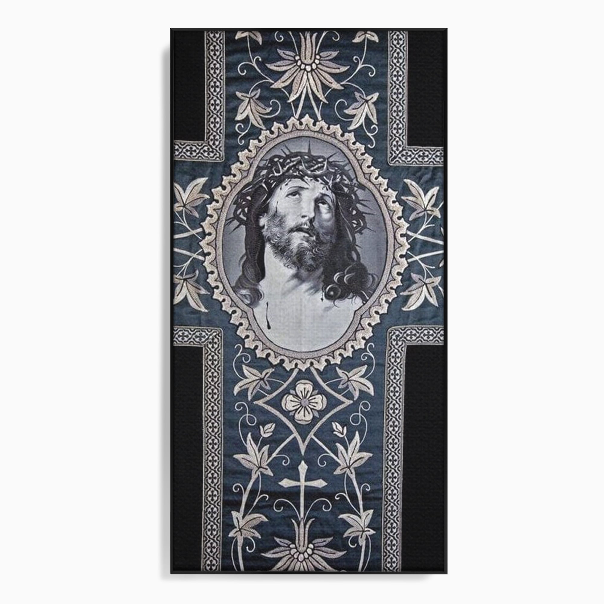 Tablou canvas cu tablou canvas cu chipul mantuitorului pe cruce, in rama de aluminiu negru